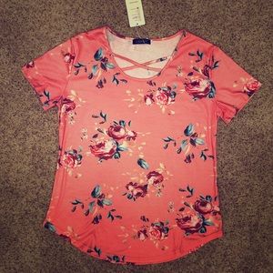 Floral Pink/Coral, Cross-Neck Blouse